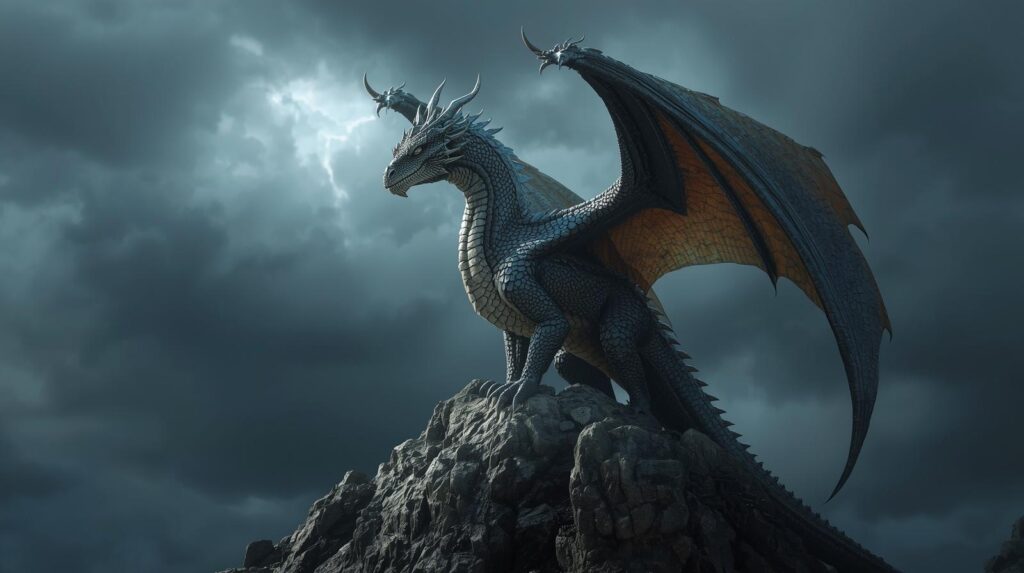 Cinematic shot of a majestic dragon standing on a mountain peak against dark, moody clouds