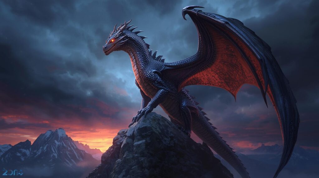 Cinematic shot of a black-scaled dragon with glowing eyes overlooking snowy mountains under a dramatic sky.