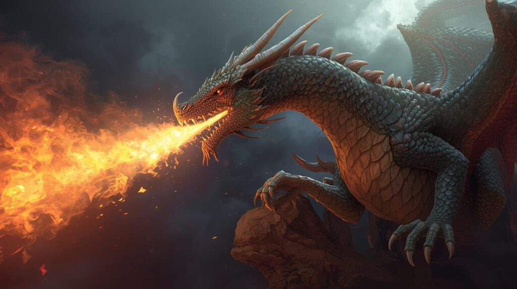 Cinematic close-up of a fire-breathing green dragon against a stormy sky.