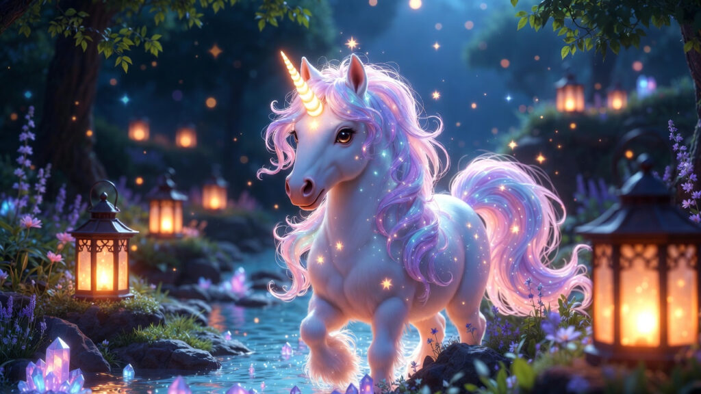 A glowing white unicorn with a golden horn stands in a small stream in a forest at night. It has soft pink and purple hair and tail. Warm lantern lights, flowers, and tiny glowing sparkles surround it, creating a magical, fairy-tale scene.