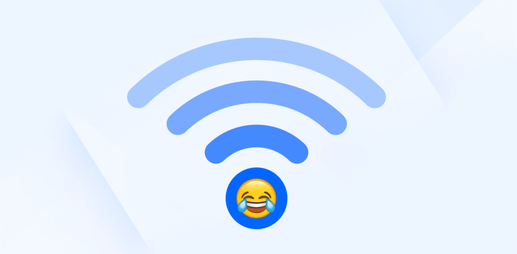 “Funny WiFi concept illustration with WiFi signal icon and laughing emoji.”