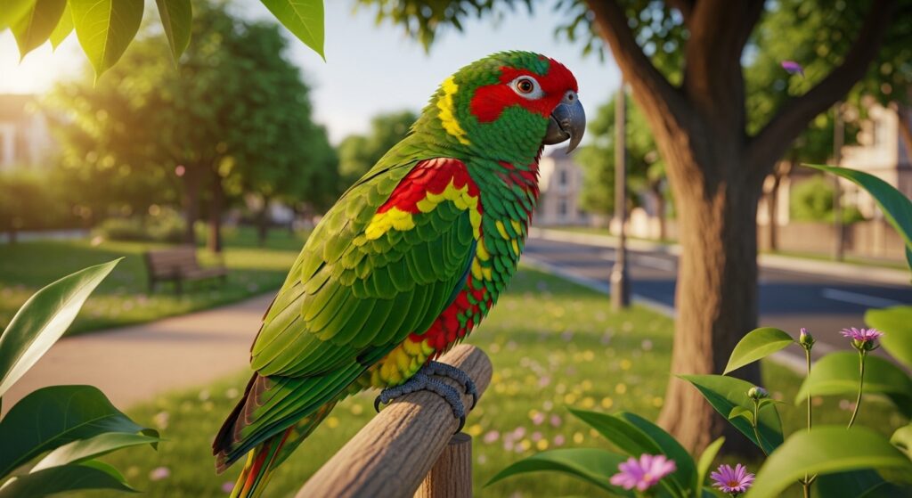 Colorful tropical parrot with green, red, and yellow feathers sitting on a wooden perch in a sunny park near a quiet street, perfect visual inspiration for parrot names and pet bird lovers.